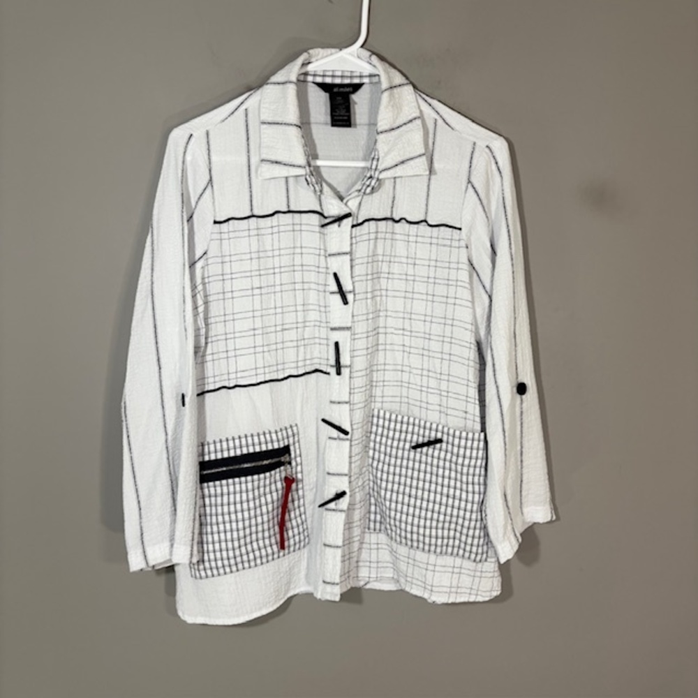 Ali Miles Shirt Womens PM White Plaid Button Up Tunic Pockets Spring Casual